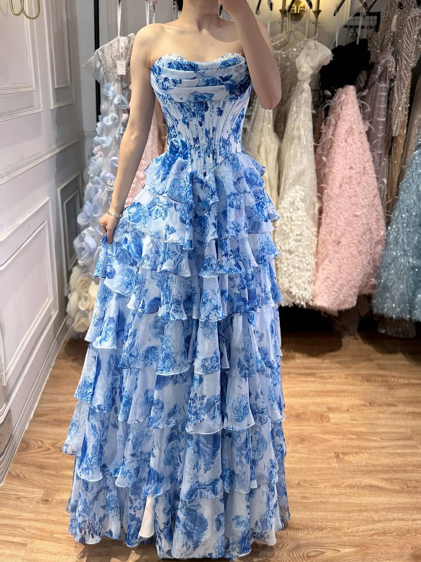 Luxury Pink Floral Print Corset Ruffle A-Line Prom Dress LA73541