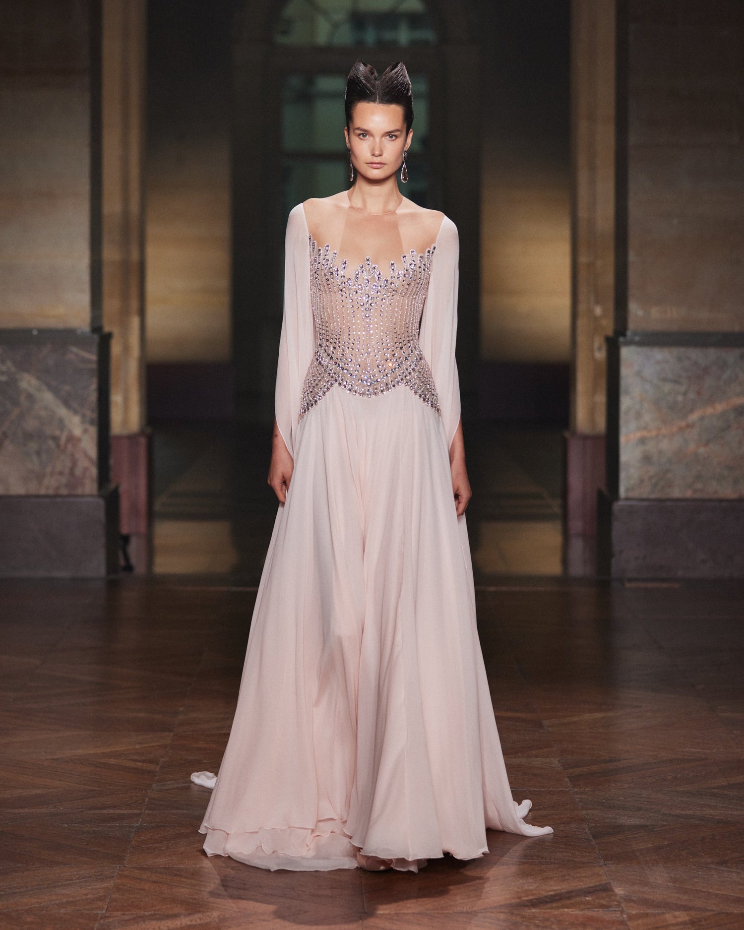 Luxury Nude Pink Crystal Beaded Evening Dress With Cape Sleeves LA73543