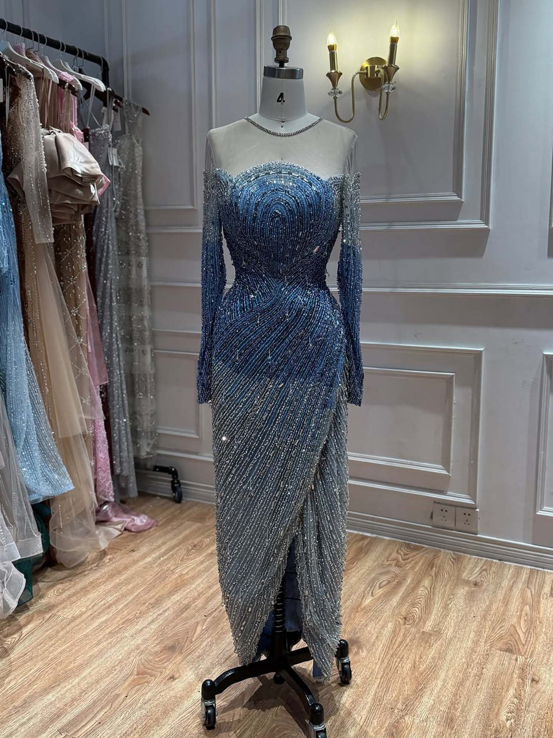 Luxury Blue Crystal Beaded Mermaid Evening Dress For Formal Wedding Party LA73544