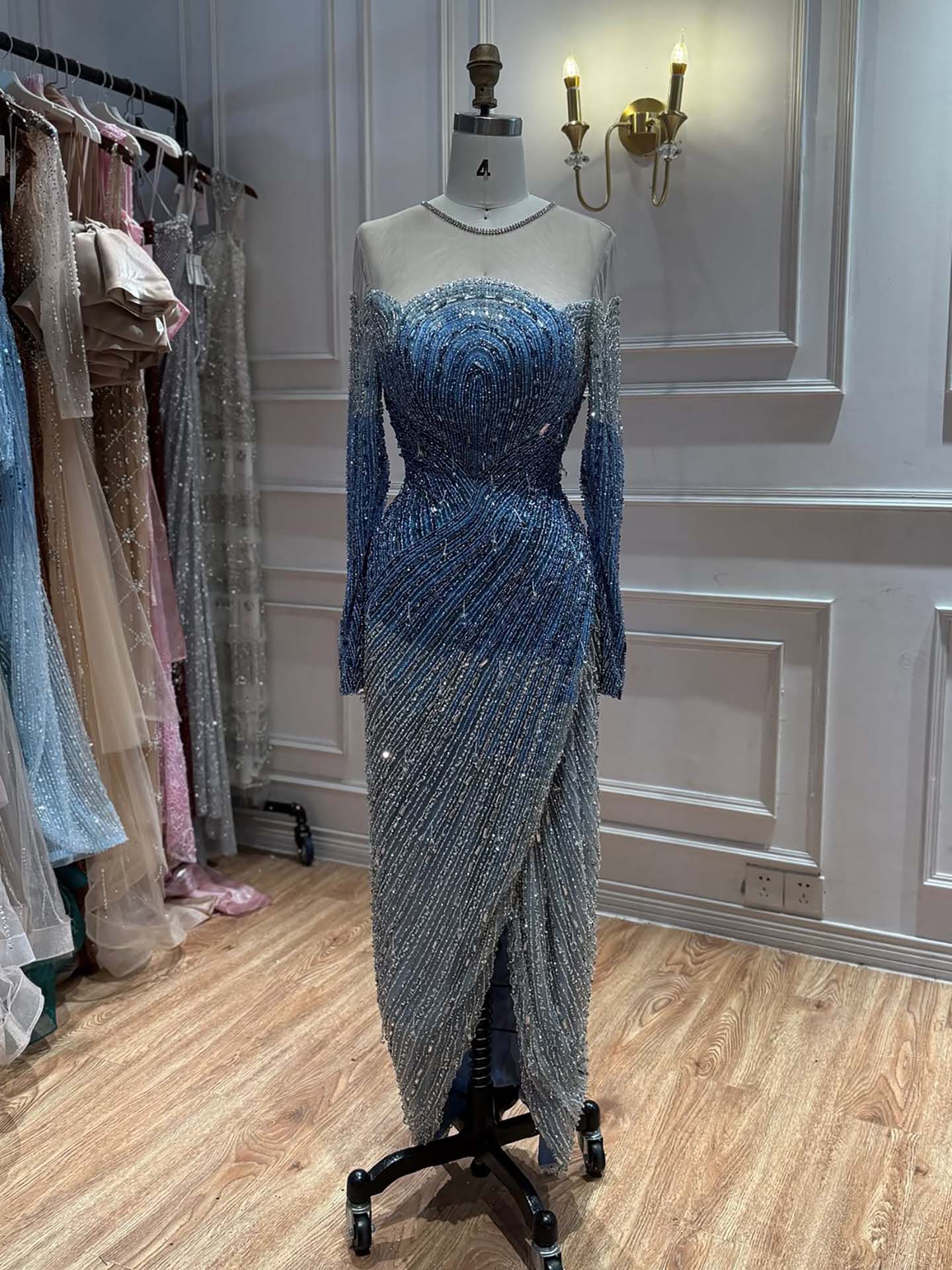 Luxury Blue Crystal Beaded Mermaid Evening Dress For Formal Wedding Party LA73544
