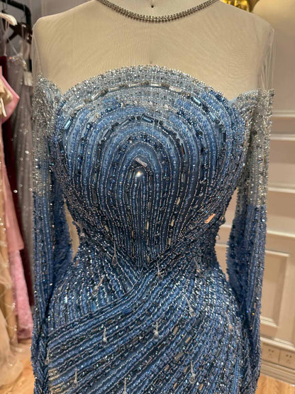 Luxury Blue Crystal Beaded Mermaid Evening Dress For Formal Wedding Party LA73544