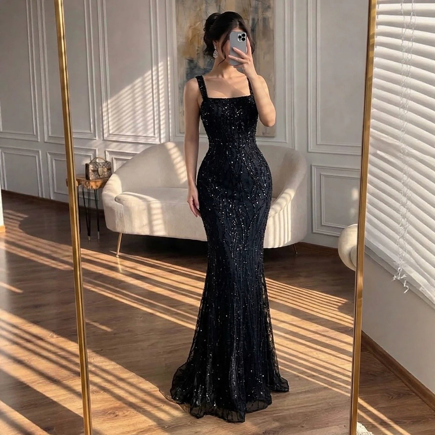 Luxury Black Square Neck Mermaid Evening Dress LA73545 SERENE HILL