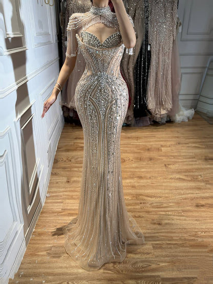 Luxury Silver Nude High Neck Tassel Beaded Mermaid Dress LA73548 SERENE HILL