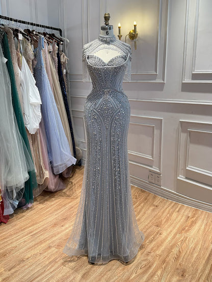 Luxury Silver Nude High Neck Tassel Beaded Mermaid Dress LA73548 SERENE HILL