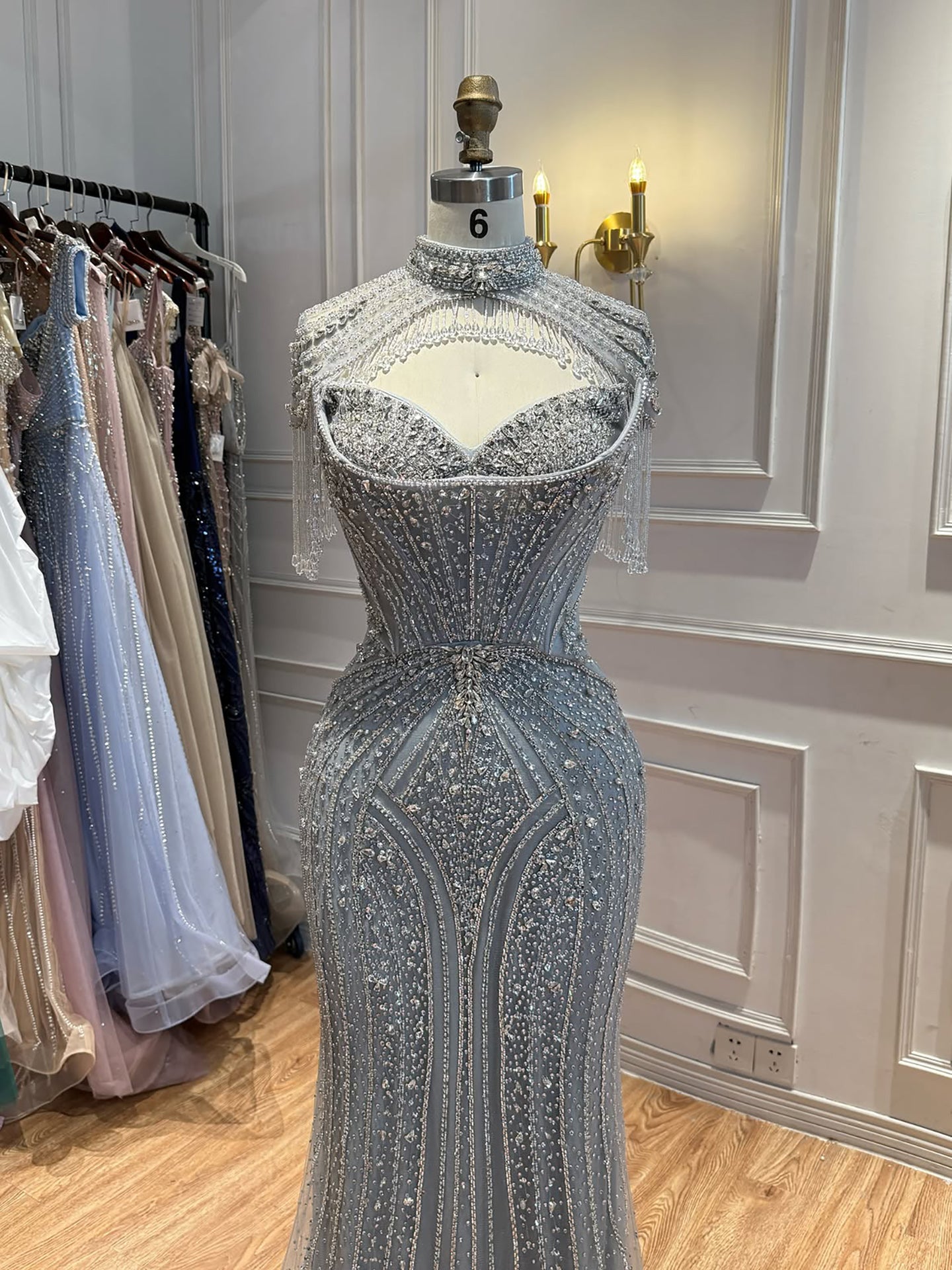 Luxury Silver Nude High Neck Tassel Beaded Mermaid Dress LA73548 SERENE HILL