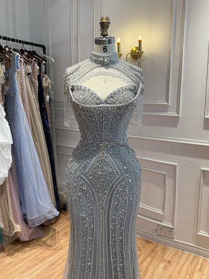 Luxury Silver Nude High Neck Tassel Beaded Mermaid Dress LA73548 SERENE HILL