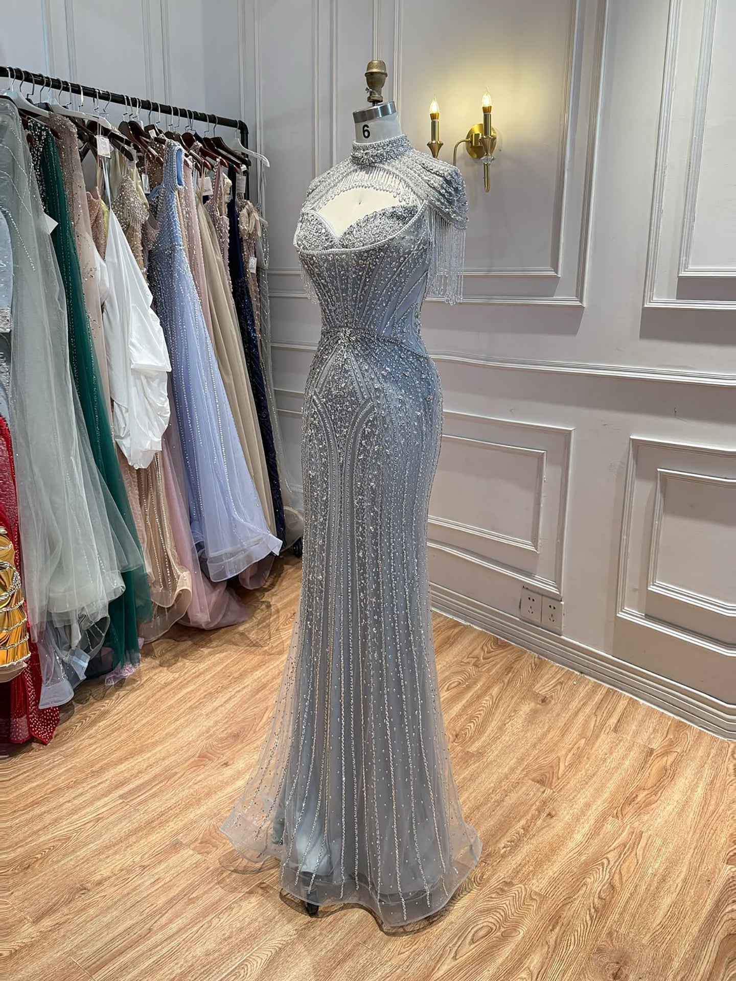 Luxury Silver Nude High Neck Tassel Beaded Mermaid Dress LA73548 SERENE HILL