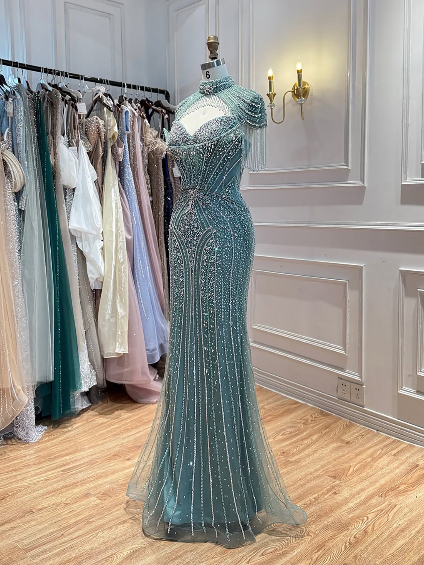Luxury Silver Nude High Neck Tassel Beaded Mermaid Dress LA73548 SERENE HILL