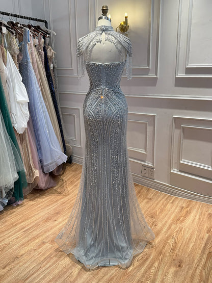 Luxury Silver Nude High Neck Tassel Beaded Mermaid Dress LA73548 SERENE HILL