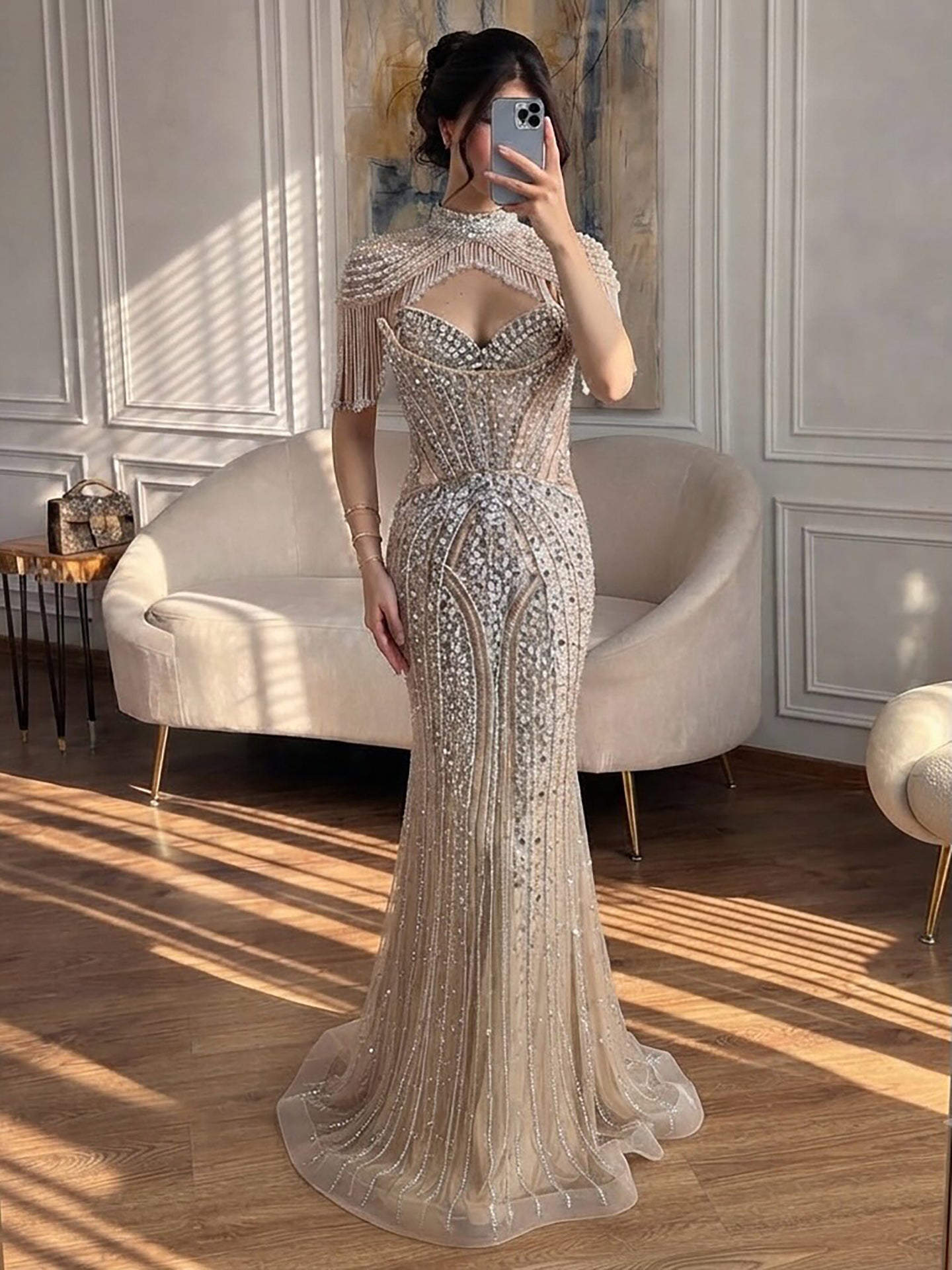 Luxury Silver Nude High Neck Tassel Beaded Mermaid Dress LA73548 SERENE HILL