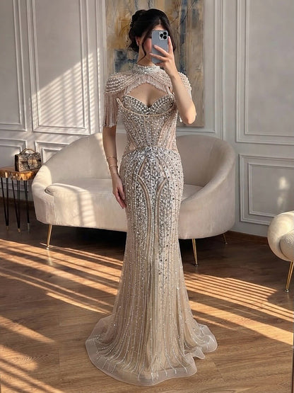 Luxury Silver Nude High Neck Tassel Beaded Mermaid Dress LA73548 SERENE HILL