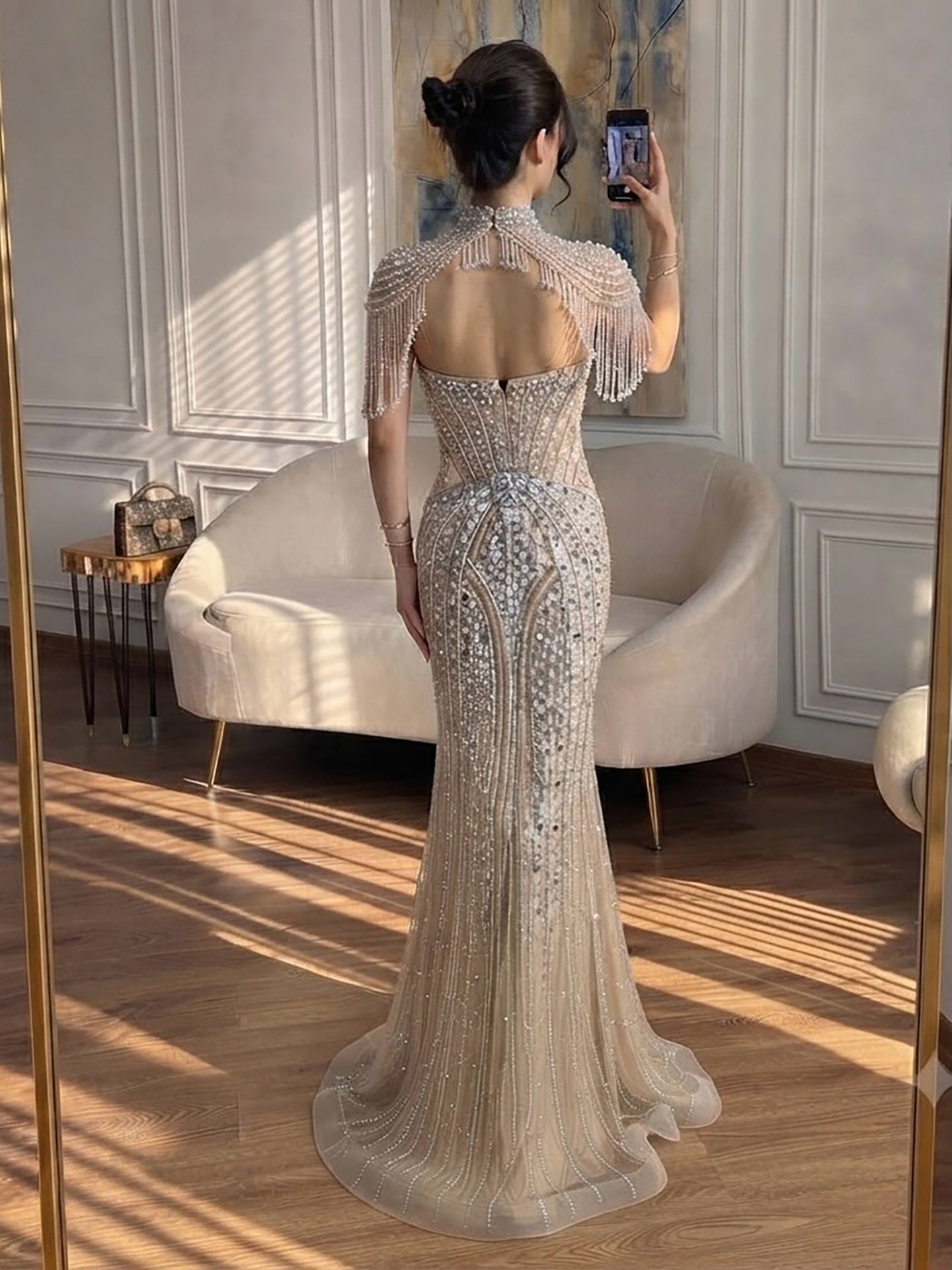 Luxury Silver Nude High Neck Tassel Beaded Mermaid Dress LA73548 Silver Nude / 4
