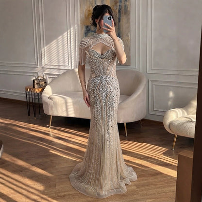 Luxury Silver Nude High Neck Tassel Beaded Mermaid Dress LA73548 SERENE HILL