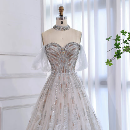 Luxury Blue Feather Beaded A Line Evening Dress LA73549 - SERENE  HILL