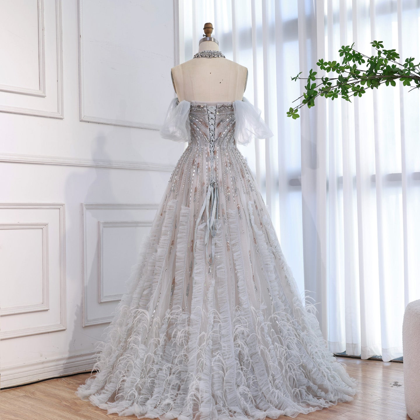 Luxury Blue Feather Beaded A Line Evening Dress LA73549 - SERENE  HILL