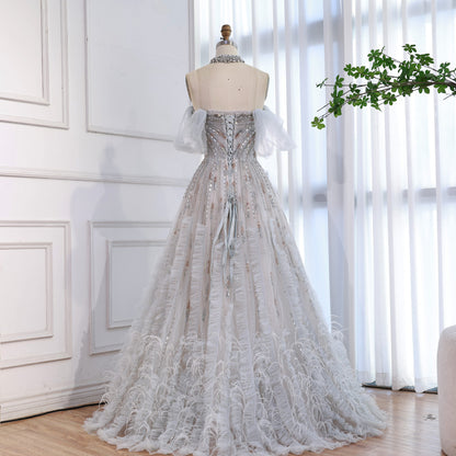 Luxury Blue Feather Beaded A Line Evening Dress LA73549 - SERENE  HILL