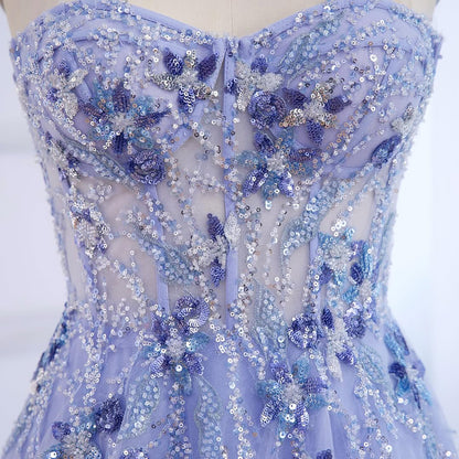 Luxury Blue Strapless Beaded A-Line Prom Dress LA73551