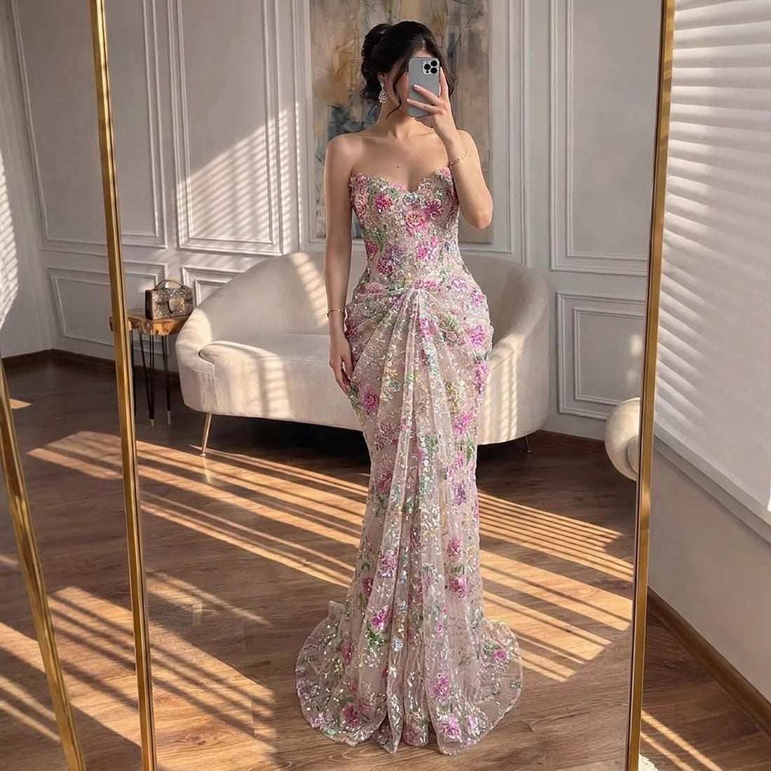 Luxury Saudi Arabic Pink 3D Flower Strapless Beaded Mermaid Evening Dress LA73552