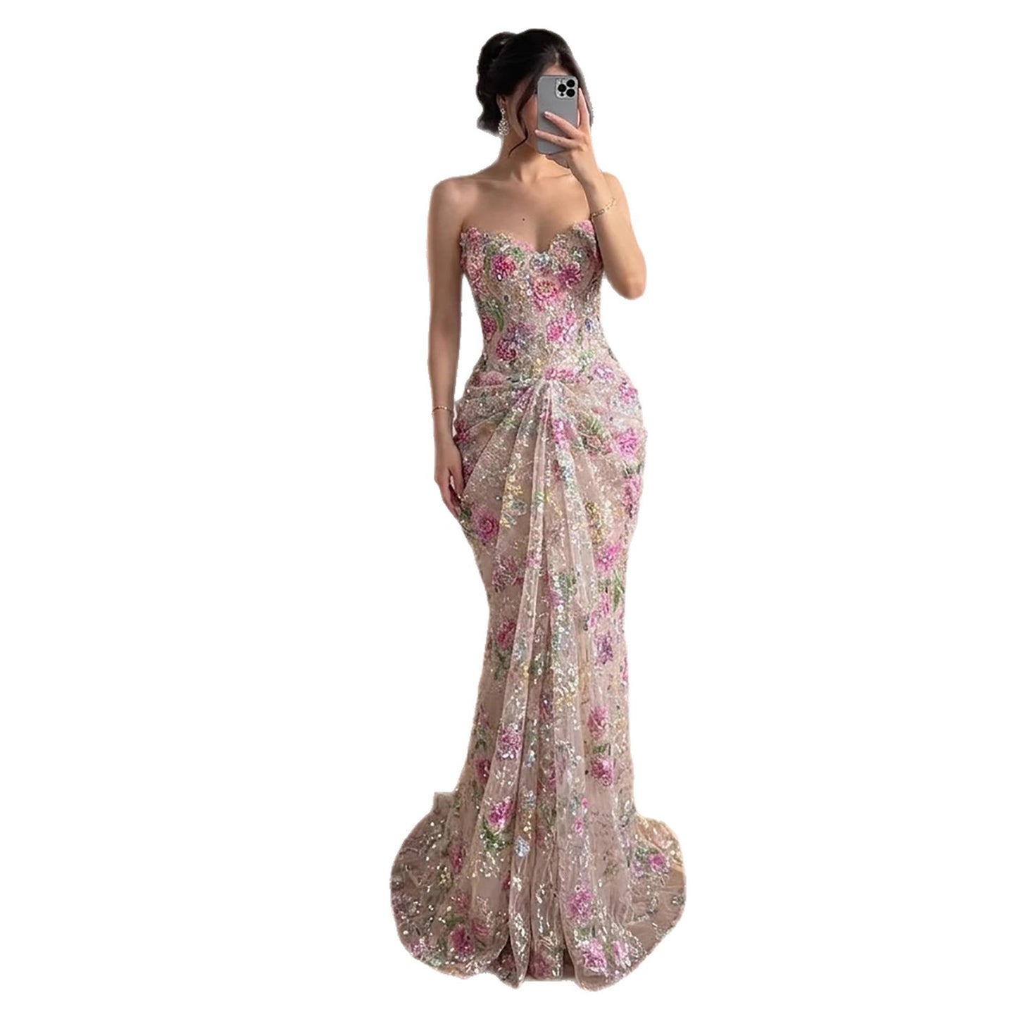 Luxury Saudi Arabic Pink 3D Flower Strapless Beaded Mermaid Evening Dress LA73552