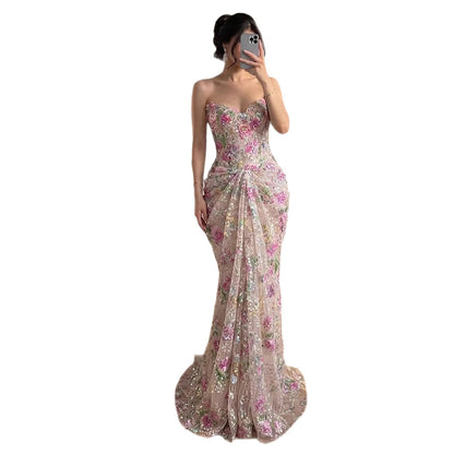 Luxury Saudi Arabic Pink 3D Flower Strapless Beaded Mermaid Evening Dress LA73552