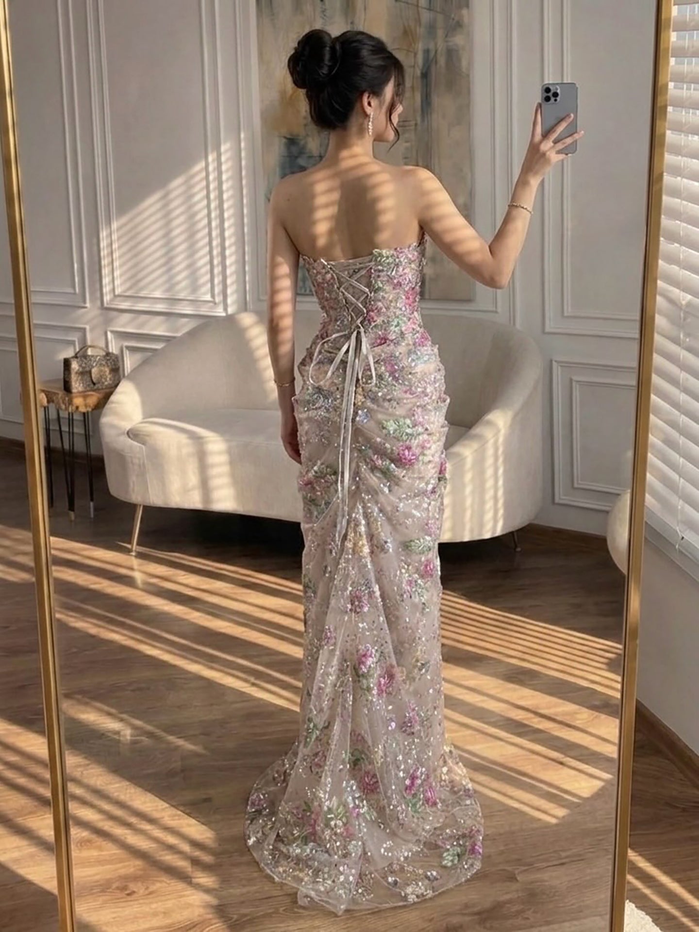 Luxury Saudi Arabic Pink 3D Flower Strapless Beaded Mermaid Evening Dress LA73552