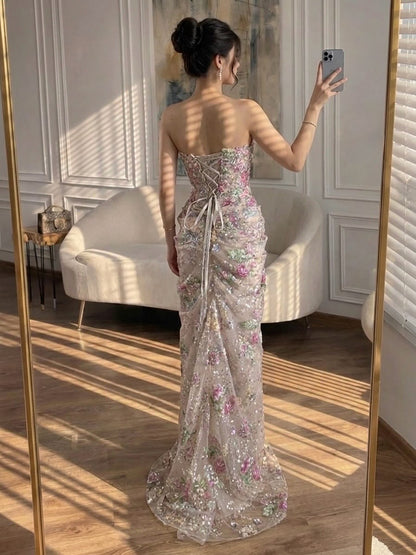 Luxury Saudi Arabic Pink 3D Flower Strapless Beaded Mermaid Evening Dress LA73552