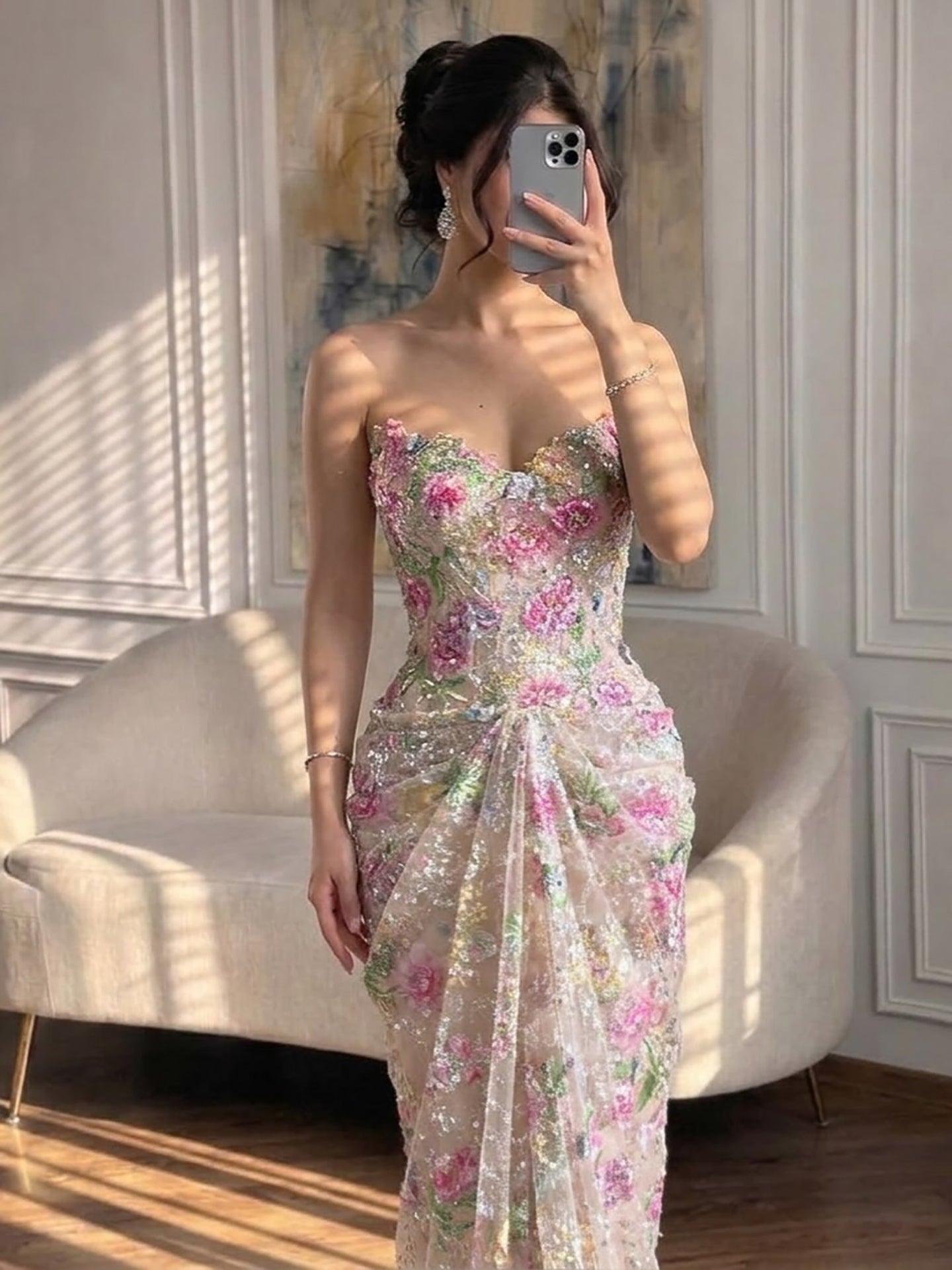 Luxury Saudi Arabic Pink 3D Flower Strapless Beaded Mermaid Evening Dress LA73552