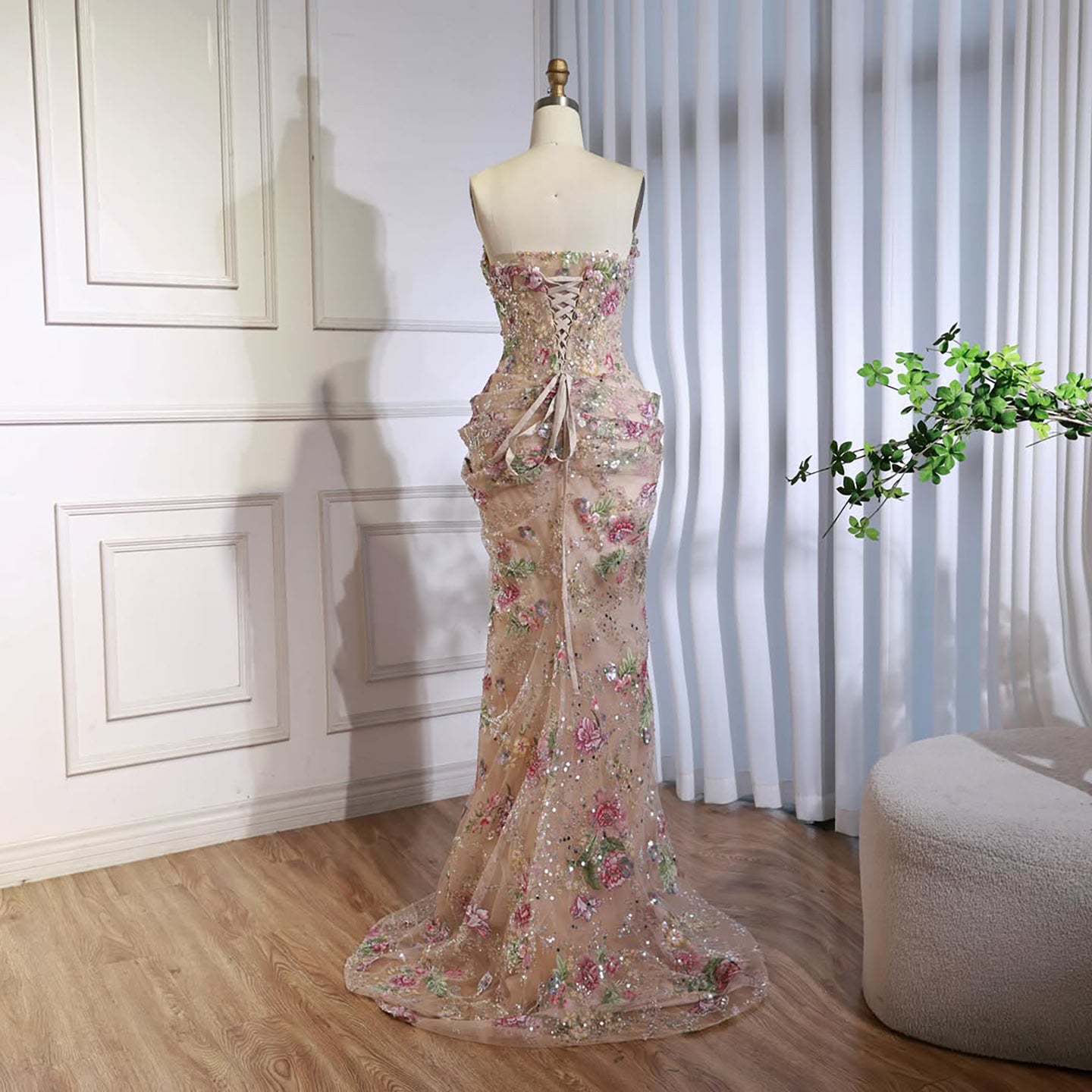Luxury Saudi Arabic Pink 3D Flower Strapless Beaded Mermaid Evening Dress LA73552 SERENE HILL
