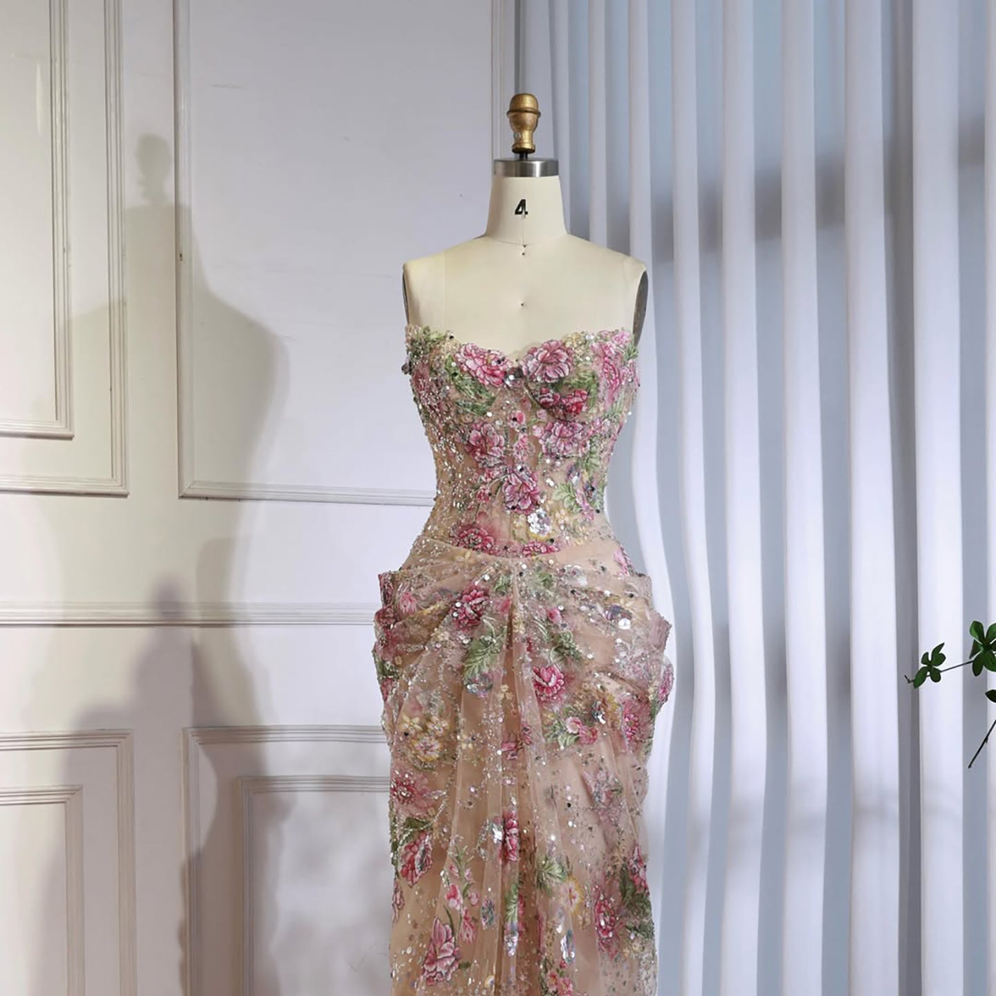 Luxury Saudi Arabic Pink 3D Flower Strapless Beaded Mermaid Evening Dress LA73552 SERENE HILL