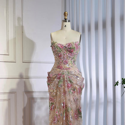Luxury Saudi Arabic Pink 3D Flower Strapless Beaded Mermaid Evening Dress LA73552 SERENE HILL