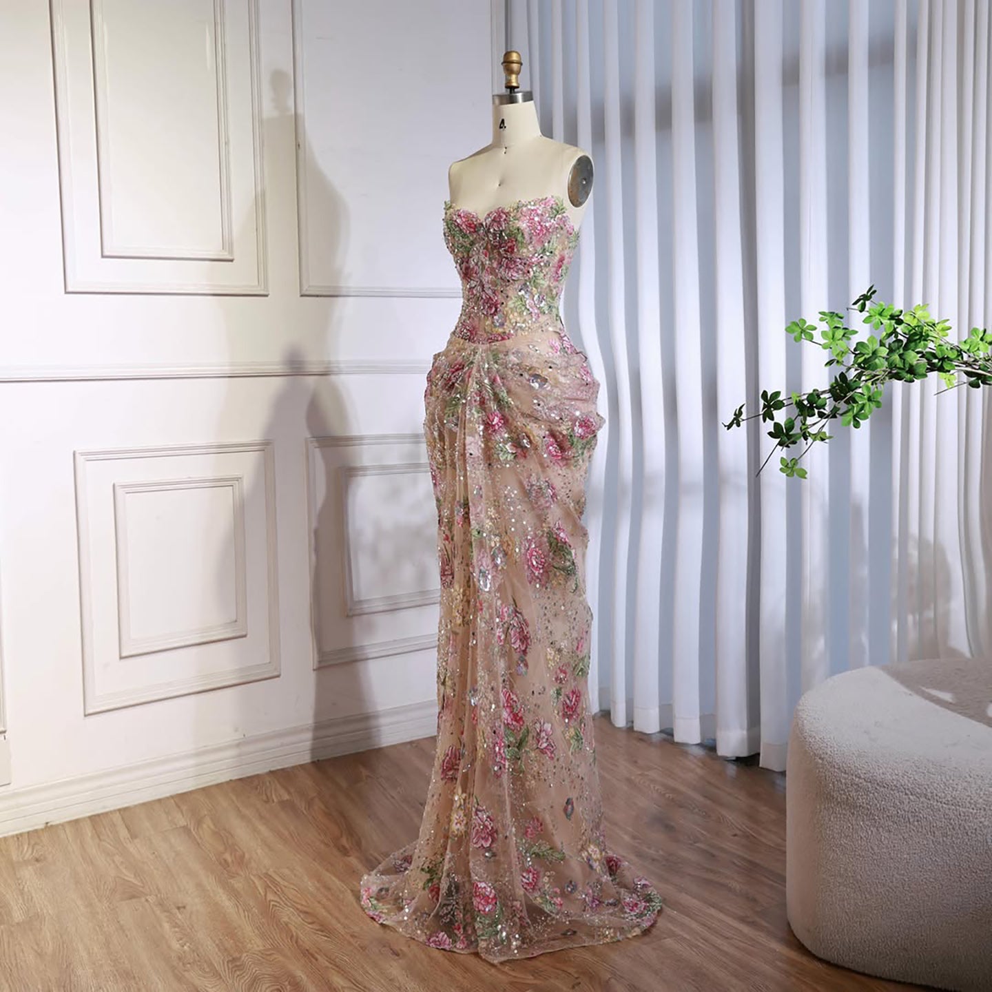 Luxury Saudi Arabic Pink 3D Flower Strapless Beaded Mermaid Evening Dress LA73552 SERENE HILL