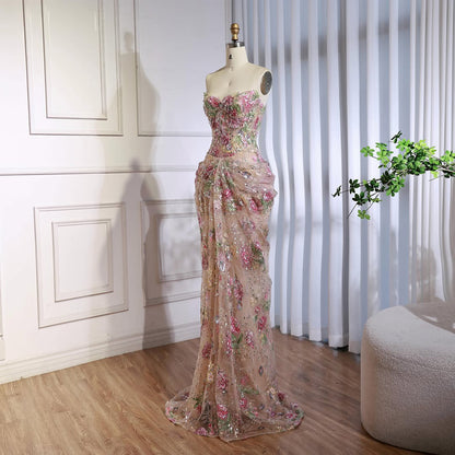 Luxury Saudi Arabic Pink 3D Flower Strapless Beaded Mermaid Evening Dress LA73552 SERENE HILL