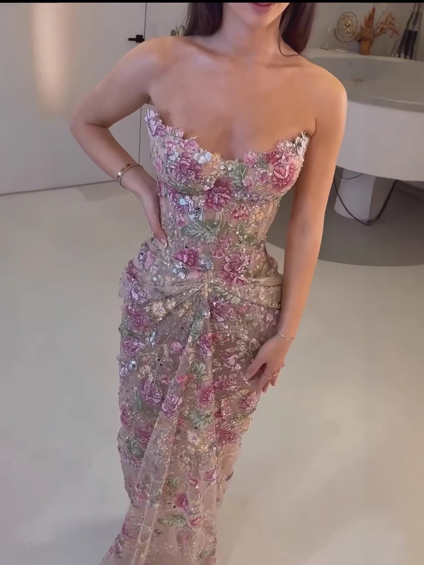 Luxury Pink 3D Flower Strapless Beaded Mermaid Evening Dress LA73552 Pink / 12