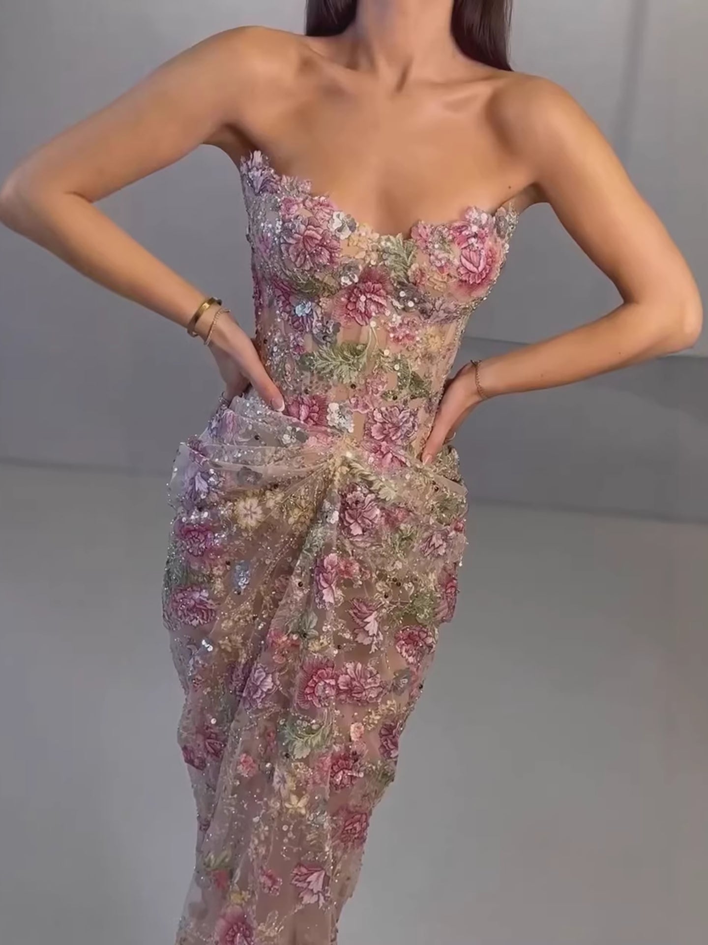 Luxury Saudi Arabic Pink 3D Flower Strapless Beaded Mermaid Evening Dress LA73552 - SERENE  HILL