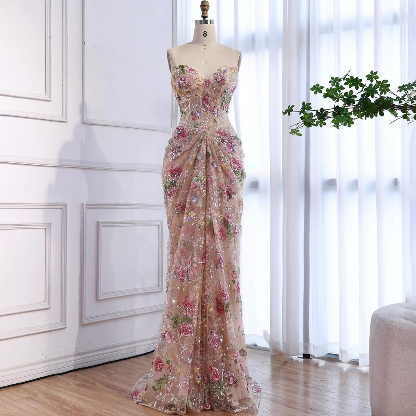 Luxury Saudi Arabic Pink 3D Flower Strapless Beaded Mermaid Evening Dress LA73552 - SERENE  HILL