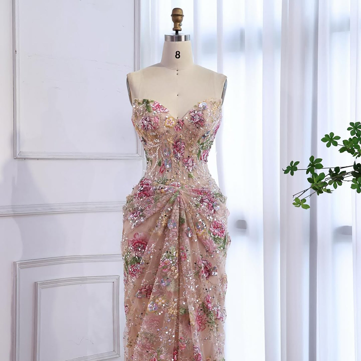Luxury Saudi Arabic Pink 3D Flower Strapless Beaded Mermaid Evening Dress LA73552 - SERENE  HILL