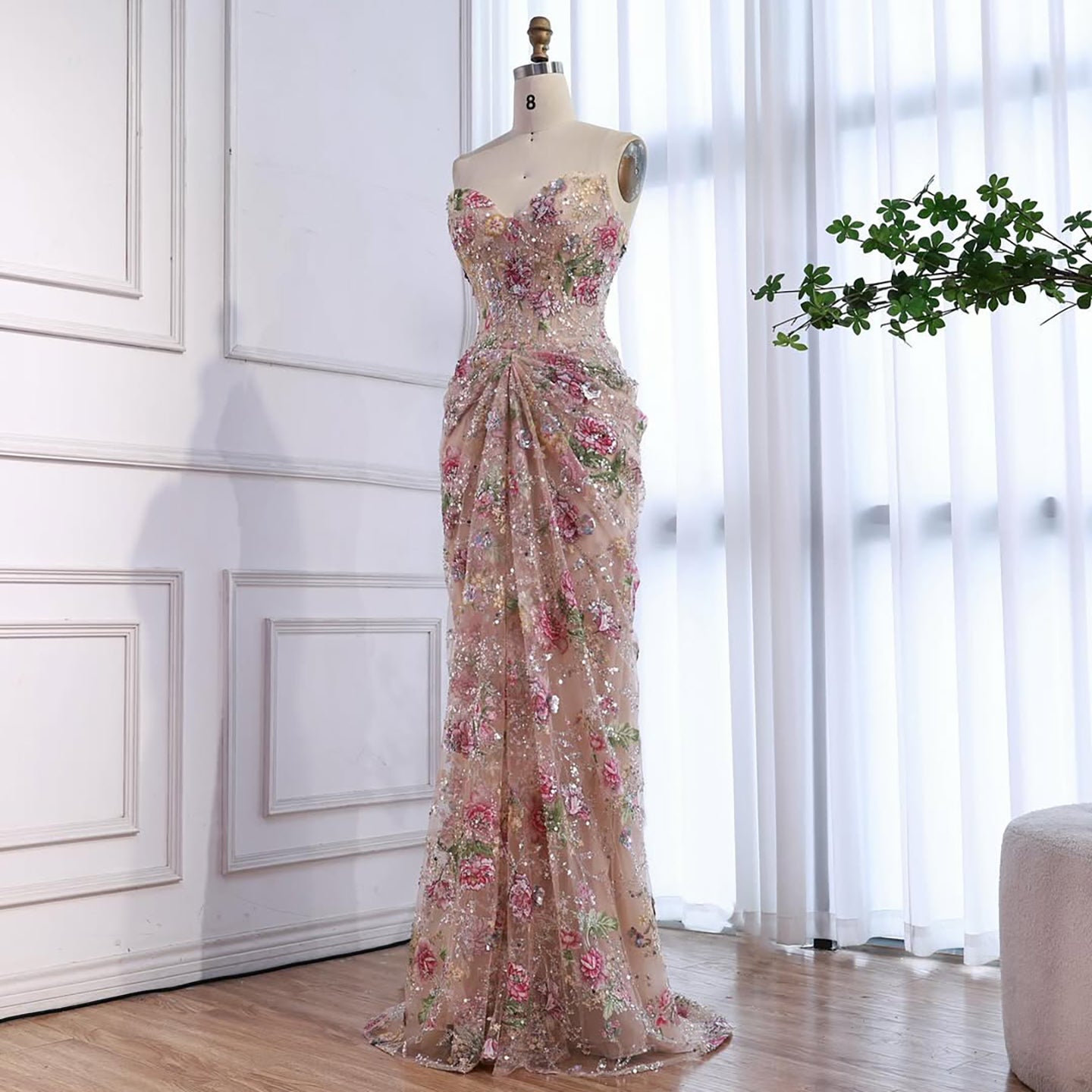 Luxury Saudi Arabic Pink 3D Flower Strapless Beaded Mermaid Evening Dress LA73552 - SERENE  HILL