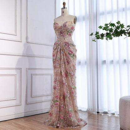 Luxury Saudi Arabic Pink 3D Flower Strapless Beaded Mermaid Evening Dress LA73552 - SERENE  HILL