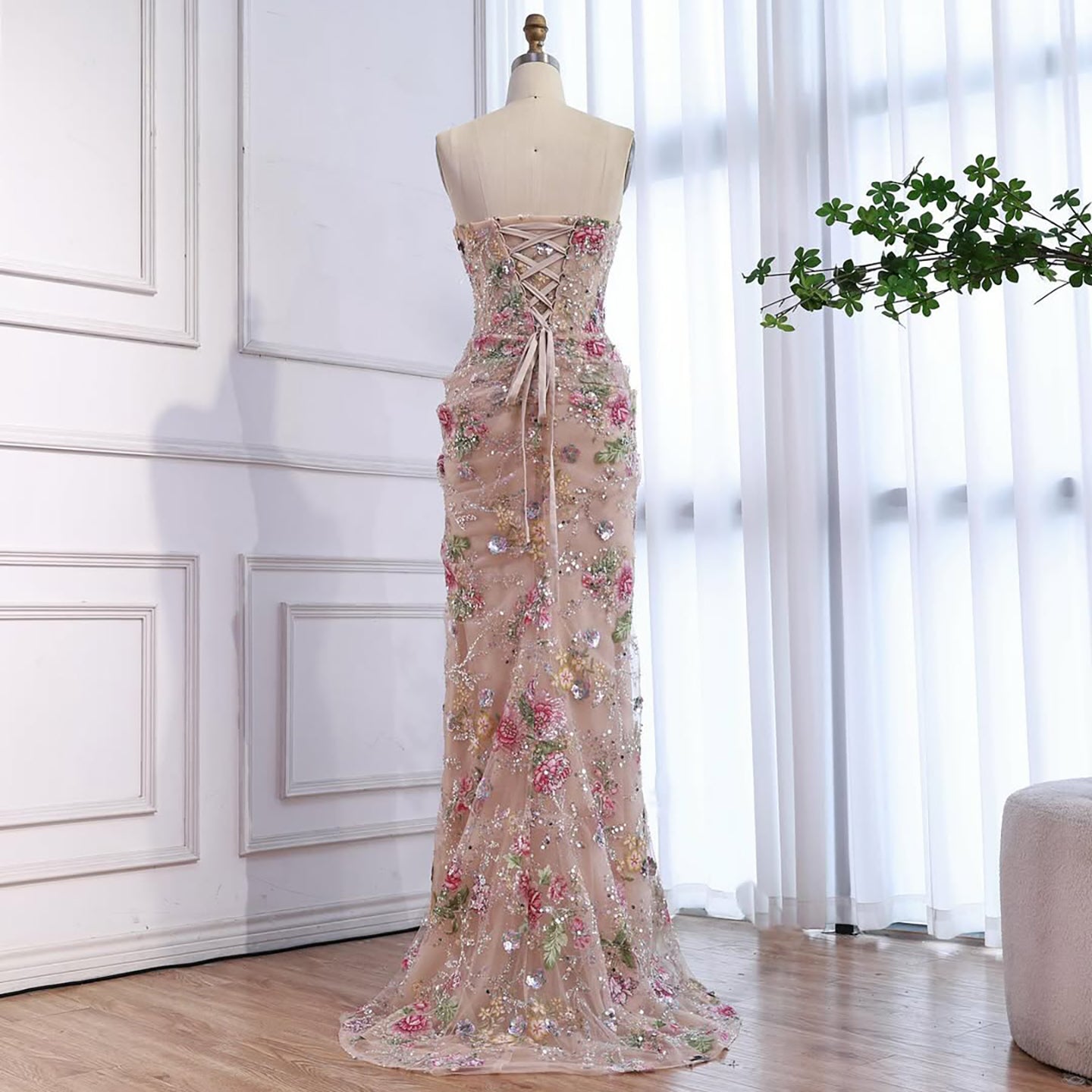 Luxury Saudi Arabic Pink 3D Flower Strapless Beaded Mermaid Evening Dress LA73552 - SERENE  HILL