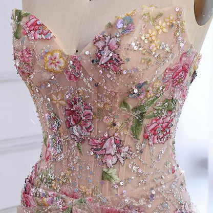 Luxury Saudi Arabic Pink 3D Flower Strapless Beaded Mermaid Evening Dress LA73552 - SERENE  HILL