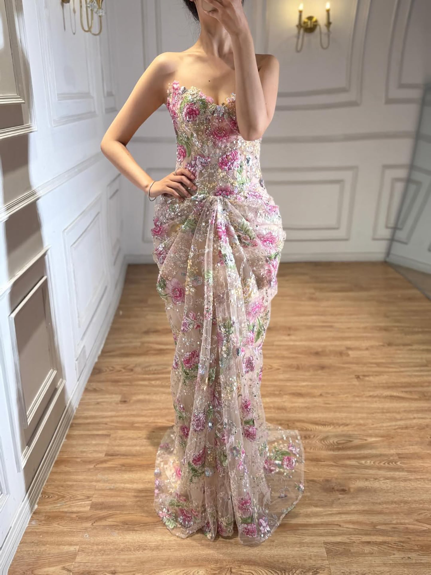 Luxury Saudi Arabic Pink 3D Flower Strapless Beaded Mermaid Evening Dress LA73552