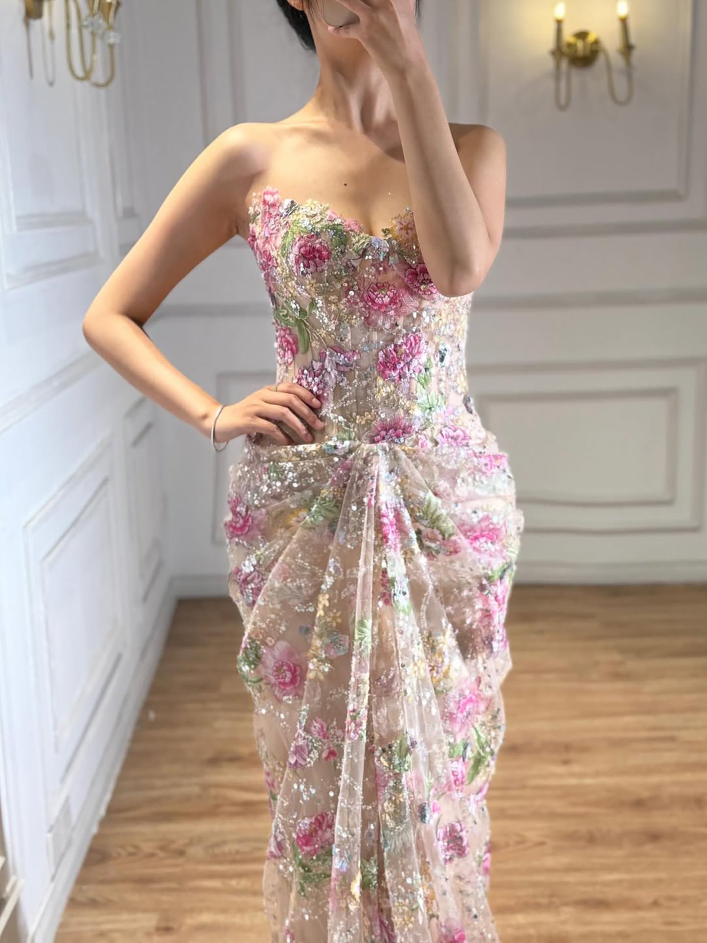 Luxury Saudi Arabic Pink 3D Flower Strapless Beaded Mermaid Evening Dress LA73552
