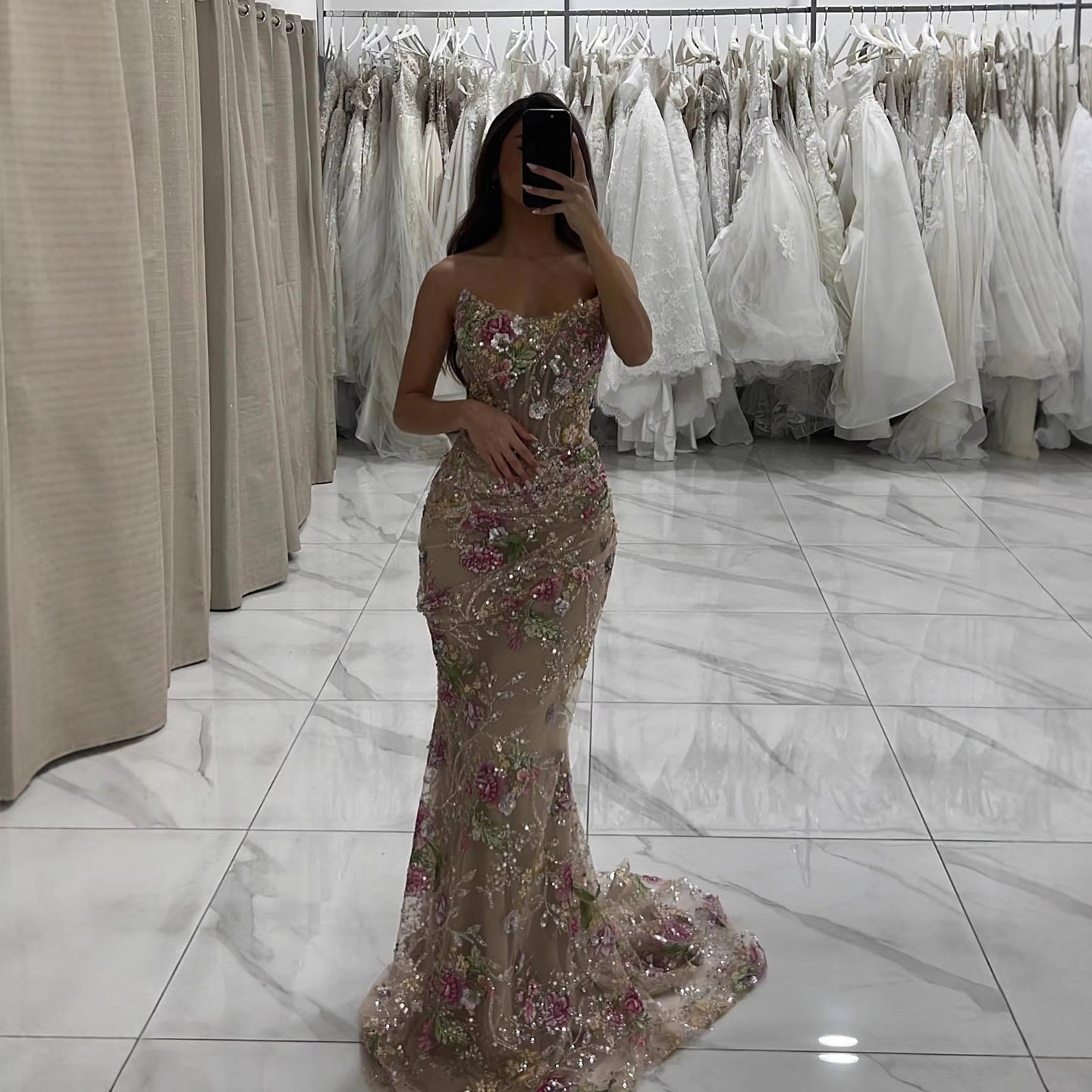 Luxury Nude Floral Beaded Sheer Mermaid Evening Dress LA73552A Nude / 16