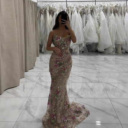 Luxury Nude Floral Beaded Sheer Mermaid Evening Dress LA73552A - SERENE  HILL