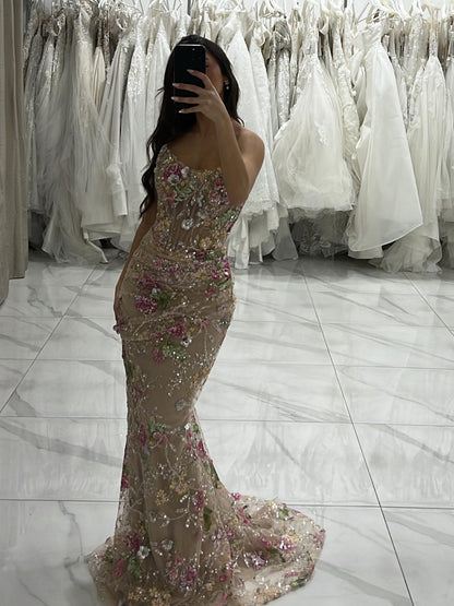 Luxury Nude Floral Beaded Sheer Mermaid Evening Dress LA73552A - SERENE  HILL