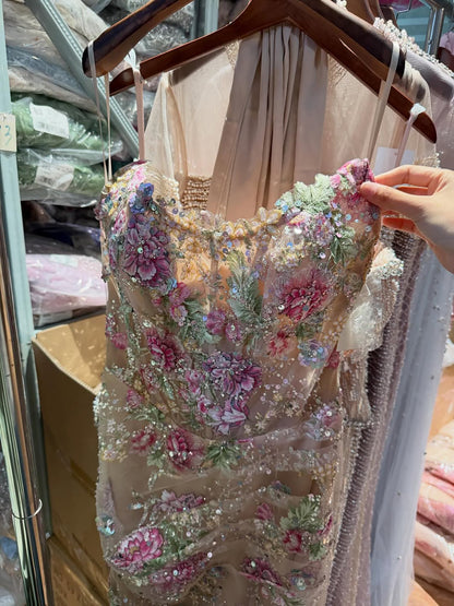 Luxury Nude Floral Beaded Sheer Mermaid Evening Dress LA73552A