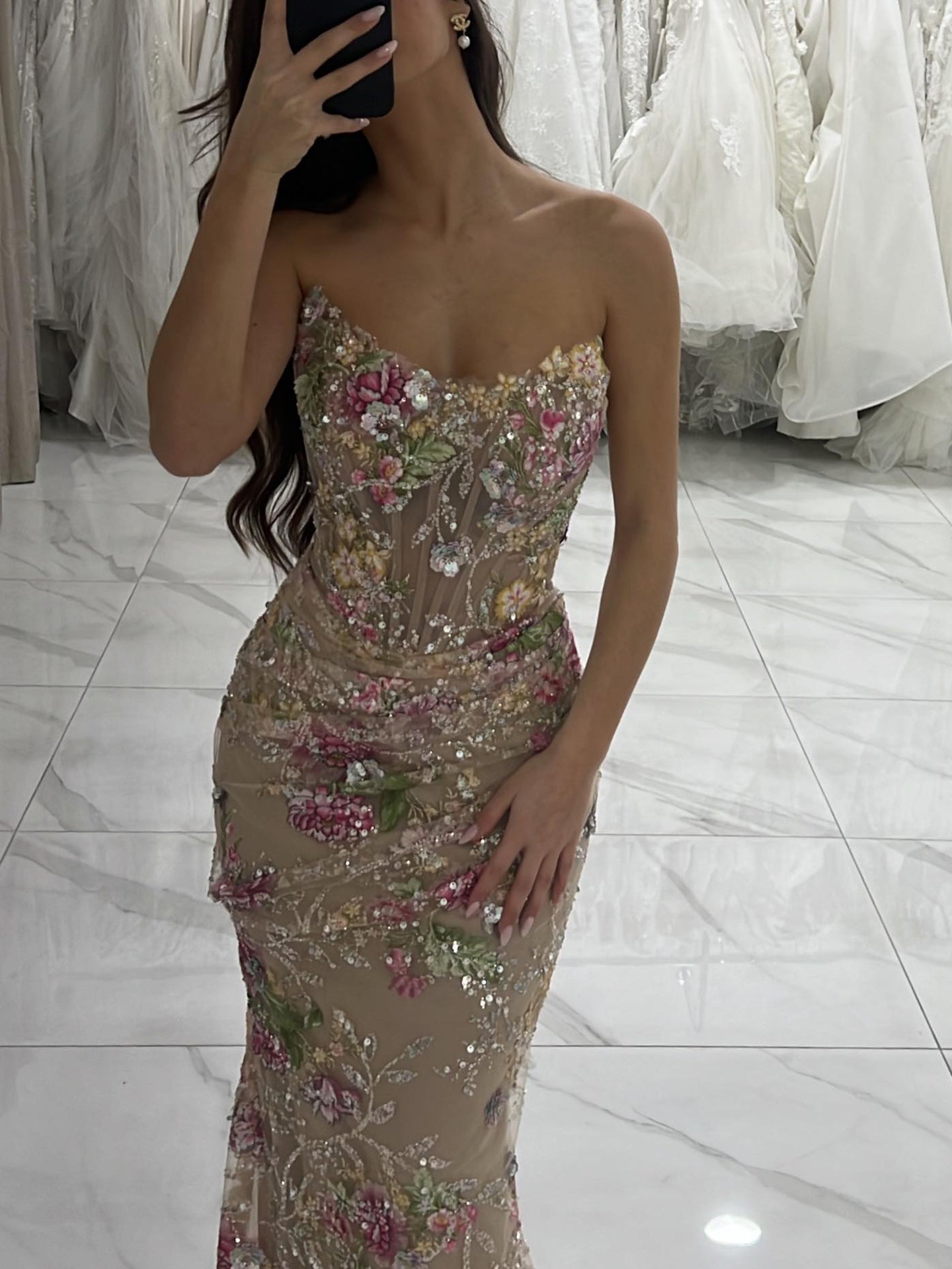 Luxury Nude Floral Beaded Sheer Mermaid Evening Dress LA73552A - SERENE  HILL