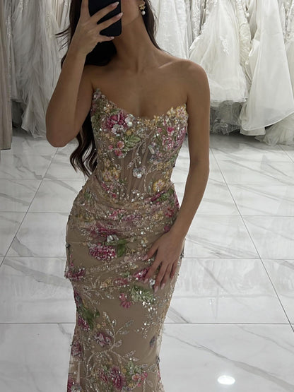 Luxury Nude Floral Beaded Sheer Mermaid Evening Dress LA73552A - SERENE  HILL