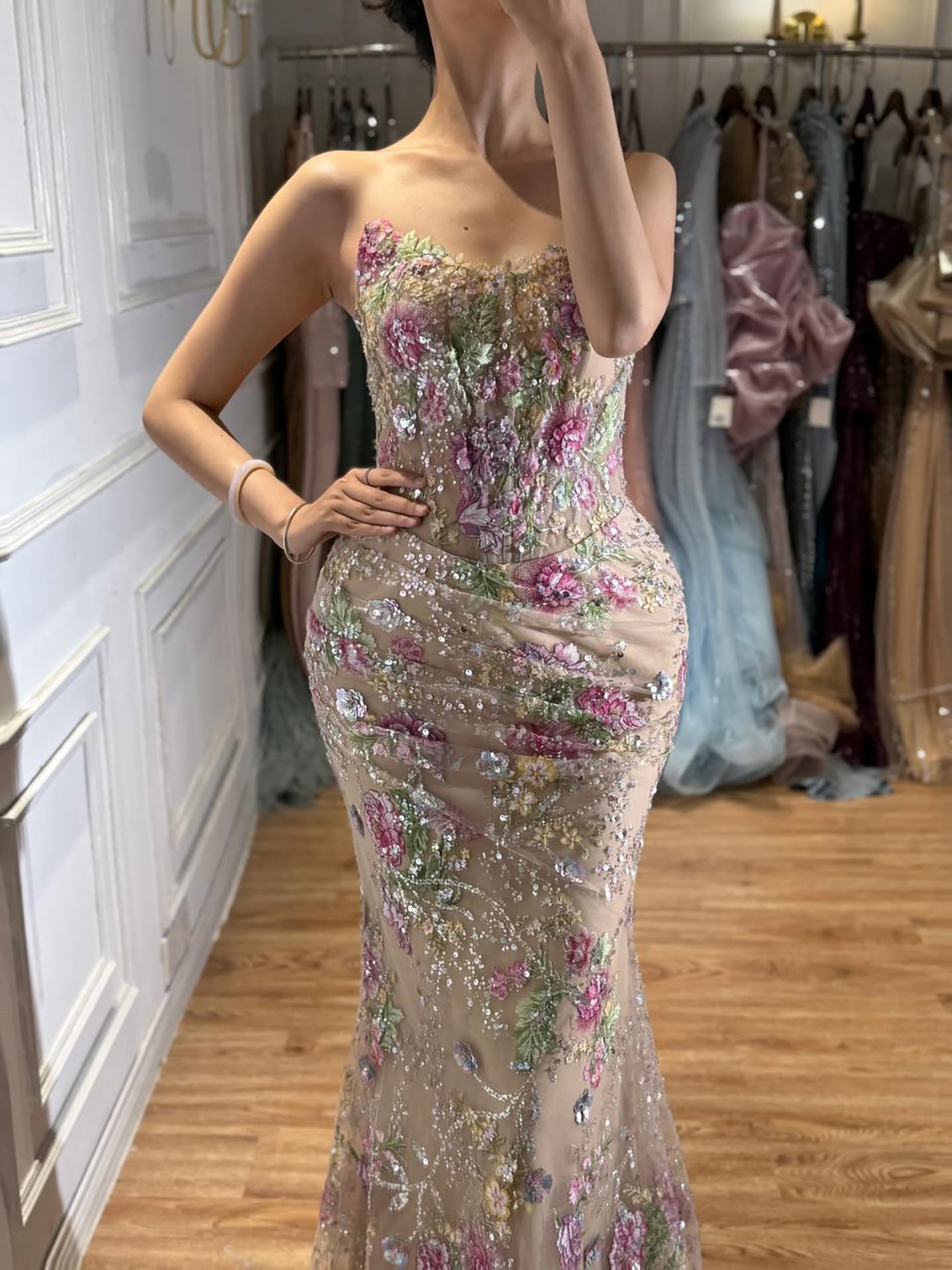 Luxury Nude Floral Beaded Sheer Mermaid Evening Dress LA73552A