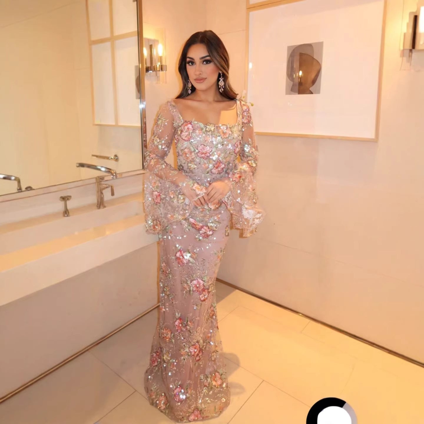 Luxury Nude Pink Floral Beaded Mermaid Evening Dress Long Sleeves LA73552B - SERENE  HILL